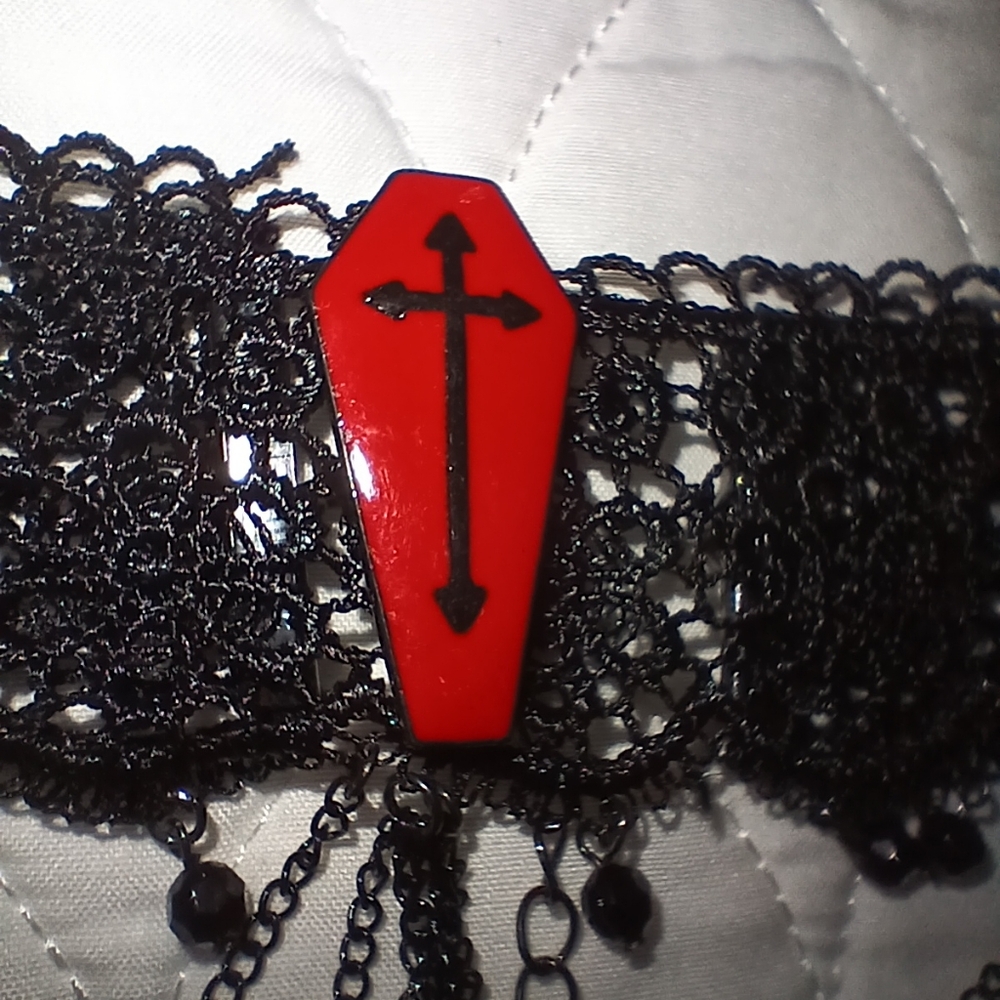 Gothic Black Lace Choker with Red Coffin Pendant - Picture 8 of 11